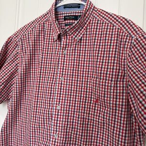 Nautica Short Sleeve Button Down Shirt Men’s Large SHORT Red White Blue Gingham